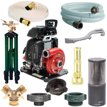 Wildfire home defense kit with a portable pump, hoses, sprinkler, fittings, wrenches, and strainer.