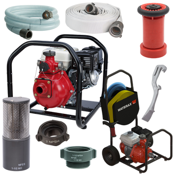 Wildfire home defense kit with a portable pump, hoses, sprinkler, fittings, wrenches, and strainer.