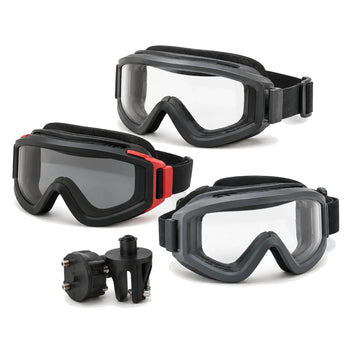 Wildland fire goggles in clear and smoked lens styles with helmet mounting hardware on a white background.