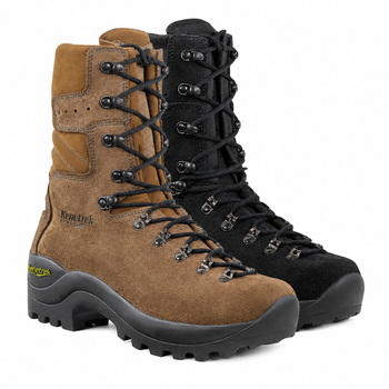 Brown and black Kenetrek wildland fire boots with tall shafts, rugged lug soles, and metal lace hooks.