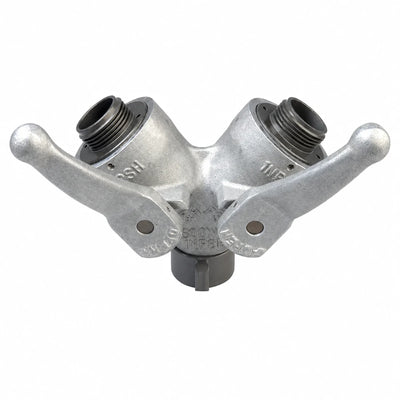 One-inch NPSH silver gated wye fitting with two shutoff handles and threaded outlets.