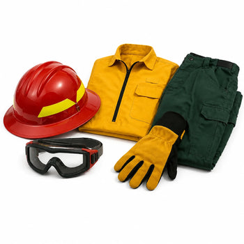Wildland firefighter in yellow PPE holding a Pulaski above a display of wildland helmet, goggles, shirt, pants, and gloves. Shop Wildland products and equipment at WD Fire Supply. Nation-wide shipping. Inventory stocked.