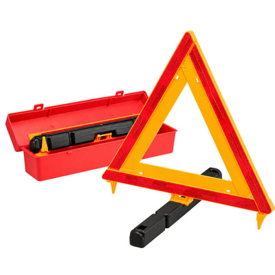 Reflective orange emergency warning triangle with a black stand and open red storage case.