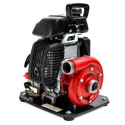 Compact Waterax Mini portable fire pump with a red pump housing, black engine, and carrying handle.