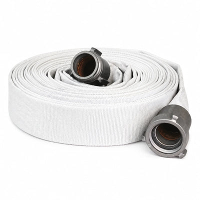 Coiled white wildland fire hose with metal threaded couplings.