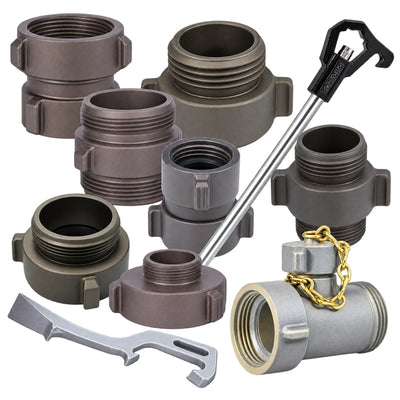 Assorted wildland fire hose fittings, adapters, nozzle, and spanner wrenches.