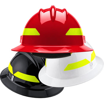 Red, white, and black wildland firefighter helmets with yellow reflective strips.