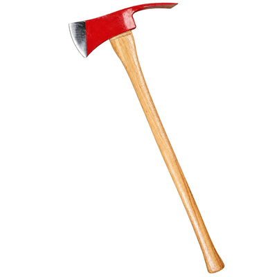 Wildland firefighting Pulaski tool with a red steel head and long wooden handle.