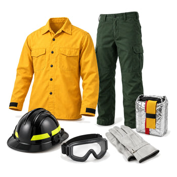 Yellow wildland fire shirt, green pants, helmet, goggles, gloves, and fire shelter equipment on a white background.